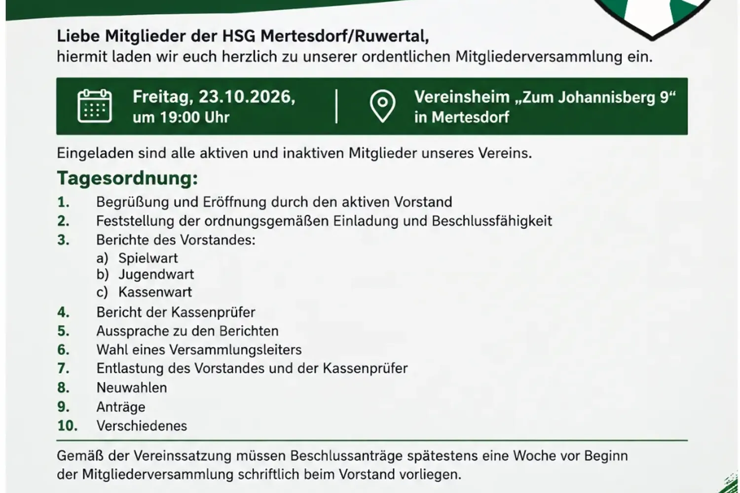 Einladung zur Jahreshauptversammlung am 23.10.26